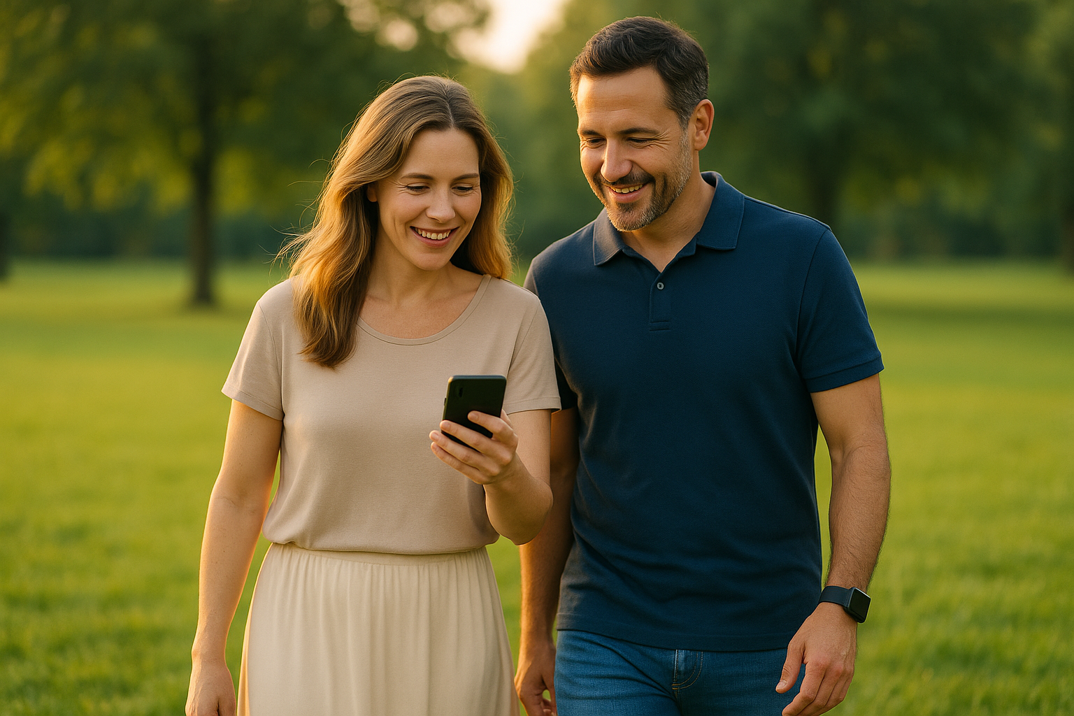 Casal sorrindo usando o celular ao ar livre